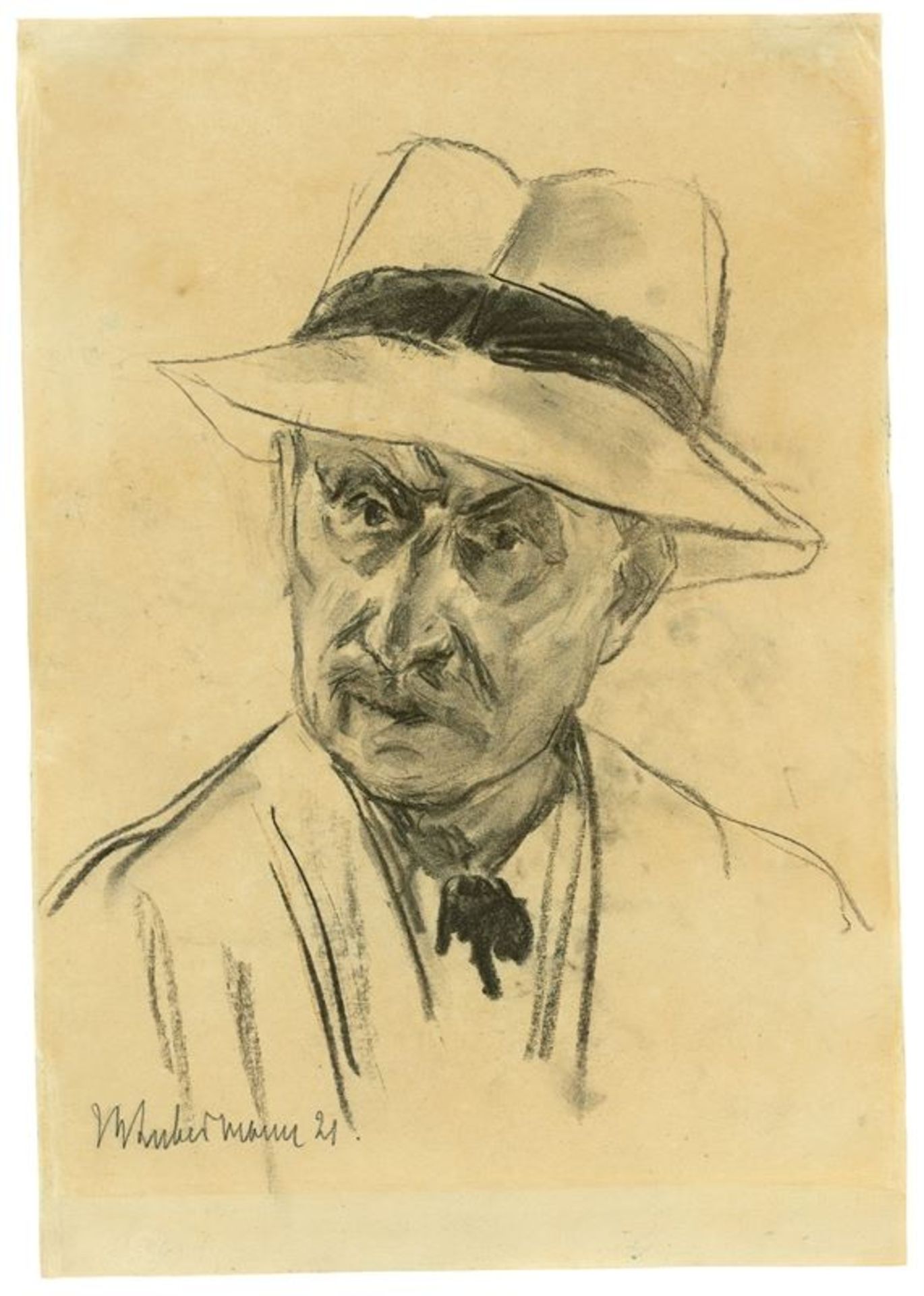 Max Liebermann (1847 – Berlin – 1935) Selbstbildnis mit Panamahut. 1921 Kohle, teils gewischt, auf
