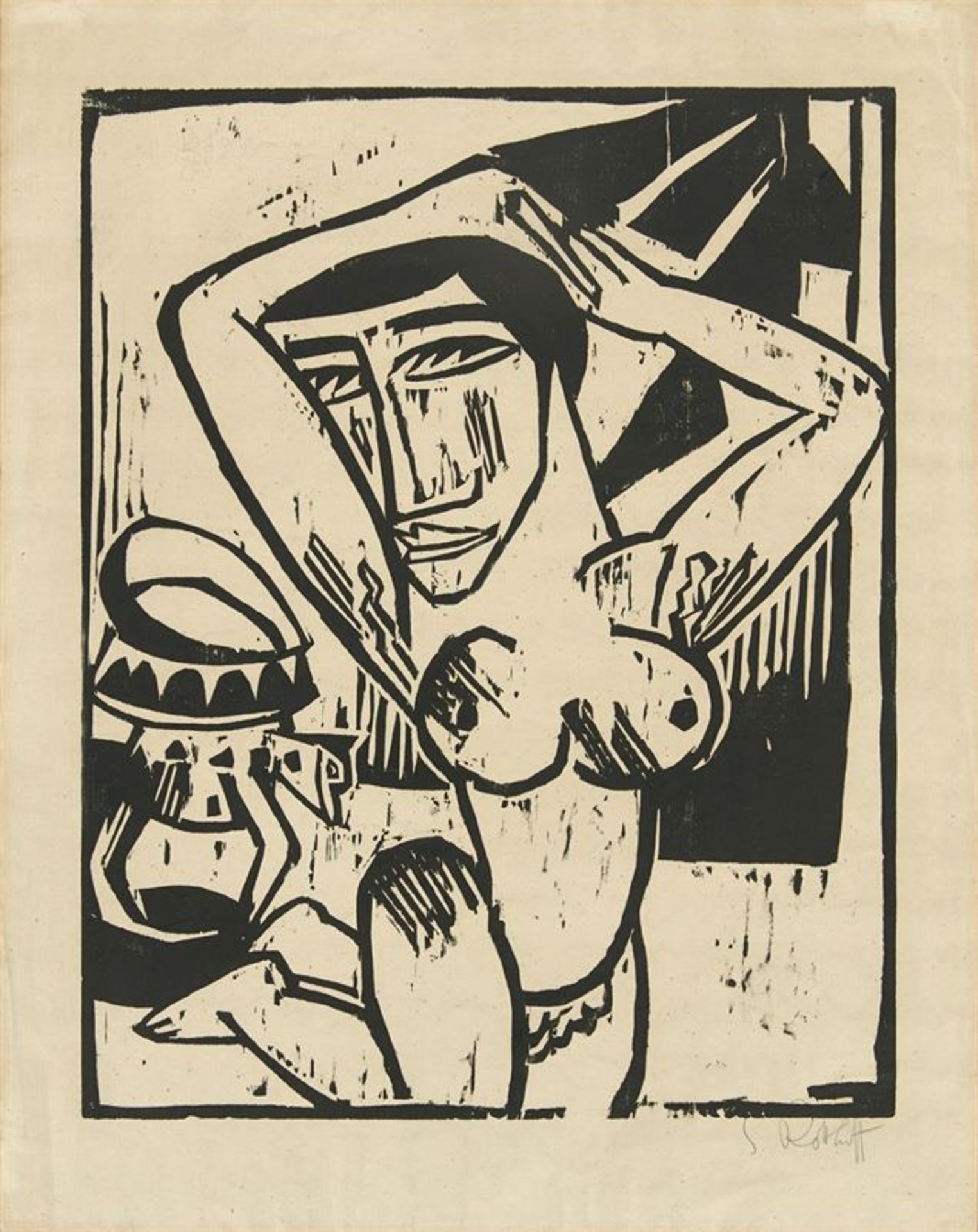 Karl Schmidt-Rottluff (Rottluff 1884 – 1976 Berlin) „Kniende“. 1914 Holzschnitt auf Zanders-