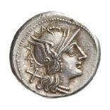 REPUBBLICA ROMA. GENS SCRIBONIA (154 A.C.). DENARIO.