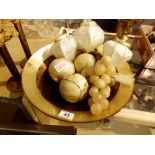 Three marble balls decorative glass bowl and matching candle sticks