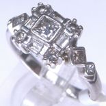 18ct white gold princess cut and baguette fancy diamond cluster ring, approximately 0.