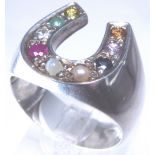 Sterling silver gents horseshoe ring set with semi precious stones