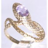 9ct gold vintage 1979 amethyst set snake ring,