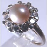 Sterling silver synthetic pearl and CZ ring,