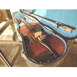 Cased antique violin with two piece back