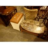 Marble top coffee table, oak table with