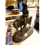 Spelter King Charles I on horseback on a wooden base A/F