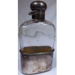 Antique glass and silver plated hip flask,