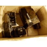 Box of mixed cameras including Olympus OMZ winder