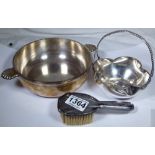 Two silver plated bowls and a silver backed brush