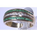 9 ct gold three row emerald and diamond ring,