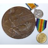 WWI death plaque and two WWI medals to Pte. William Henry Cartright Royal Lancs. Regt.