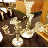 Plated candlestick and a silver plate and glass table centre epergne