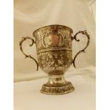 A 1776 hallmarked silver two handled goblet by John Deacon London with engraved & embossed