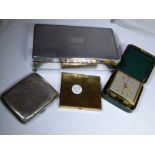Plated cigarette box and cigarette case plus a powder case and novelty travel clock