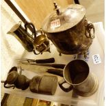 Tray of silver plate and pewter including biscuit barrel