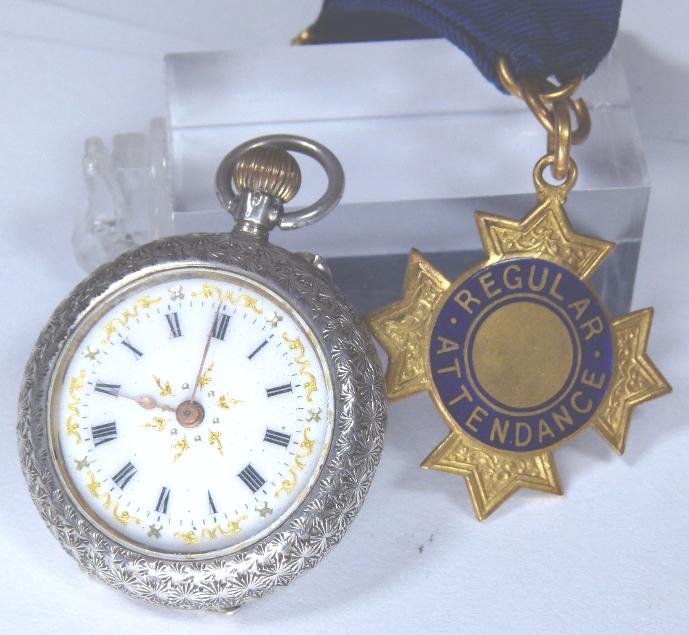 Silver ladies fob watch and attendance medal