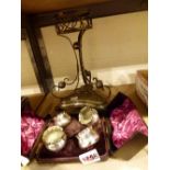 Four boxed silver plated open salts and a silver plated table centre stand