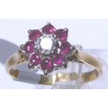 18ct gold vintage 1968 ruby and diamond cluster ring,