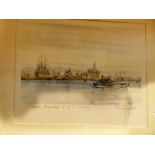 Colour W H Wyllie print of HMS Victory at Portsmouth and a 1930s advertising card