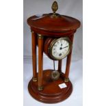 Antique C 1920 German movement mahogany pillar clock, H: 25 cm, hairline crack to face,