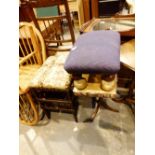 Piano stool with embroidered upholstered seat and under shelf with turned supports