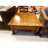 Large stained oak square coffee table with single drawer