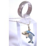 9ct gold and enamel dolphin pendant on a 9ct chain and a silver ring