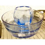 Pair of Whitefriars controlled bubble blue glass items,