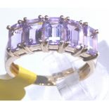 9ct gold emerald cut amethyst 5 stone ring,