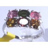 New old stock 9ct white gold multi coloured 6 stone set ring,