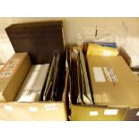 Two boxes of stamp exhibition cards, air mail envelopes, mint sheet stamps,