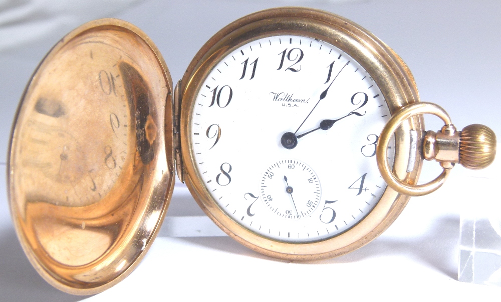 Waltham full hunter gold plated pocket watch