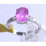 New old stock 9ct white gold large ruby solitaire ring with diamond set shoulders,