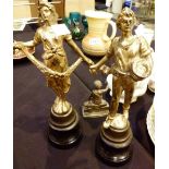 Pair of French spelter figure on spelter bases and a spelter boy with lamb,