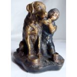 Bronze boy and dog figure, signed Shultz,