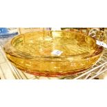 Large heavy Whitefriars controlled bubble amber dish, D: 10 inch, 2.