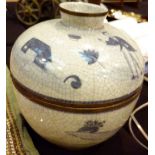 Antique Thailand ceramic blue and white crackle glazed lidded pot