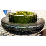 Two pieces of Whitefriars glass blue bubble bowl and green bark design bowl