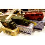 Three vintage Dinky vehicles 555 fire engine 677 armoured command car and 626 military ambulance in