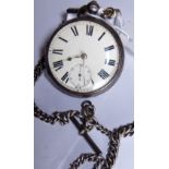 Hallmarked London silver key wind open faced pocket watch on a silver double Albert chain with key