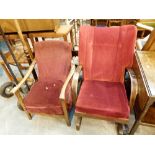 Two antique oak framed upholstered armchairs