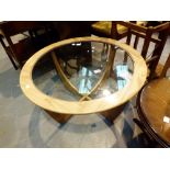 G Plan circular glass top coffee table,