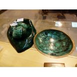 Two malachite dishes and three eggs