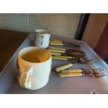 Set of fish knives and forks plus two commemorative mugs 1937