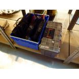 Assorted tools including a Black & Decker hammer drill, Champion electric saw, drill bit set,