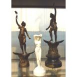 Two spelter figures and a ceramic figure