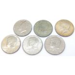 Six Kennedy half dollars 1965, 1968, 1972, 1973,