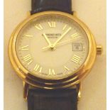 Raymond Weil ladies gold plated dress wristwatch with white dial and black leather strap,