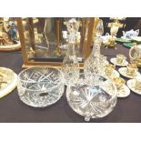 Two cut glass decanters and stoppers plus two cut glass fruit bowls